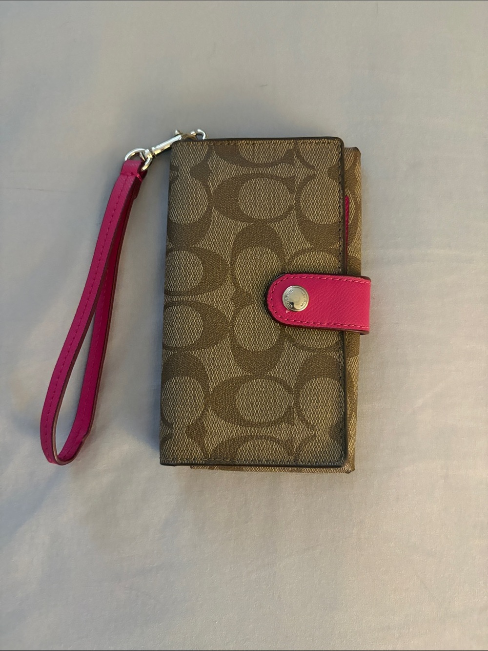 Coach Brown Signature Canvas Phone Wristlet with Pink Strap & Snap